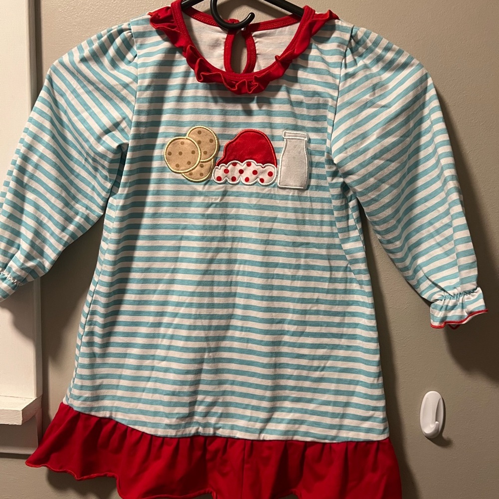 Striped Blue and Red Ruffle Dress with Cookie and Milk Design